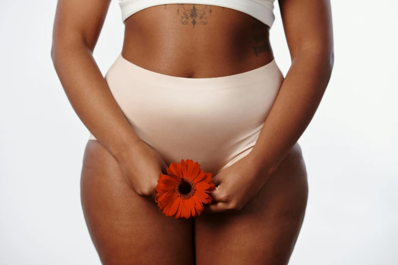 a woman with a flower in her hand, an album cover, by Matija Jama, unsplash, underwear ad, full figured, silicone skin, cinnamon skin color