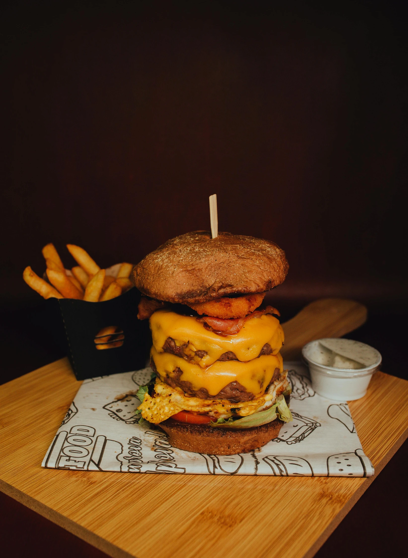 a cheeseburger and french fries on a table, a portrait, pexels contest winner, multi - level, frontal shot, barechest, instagram picture