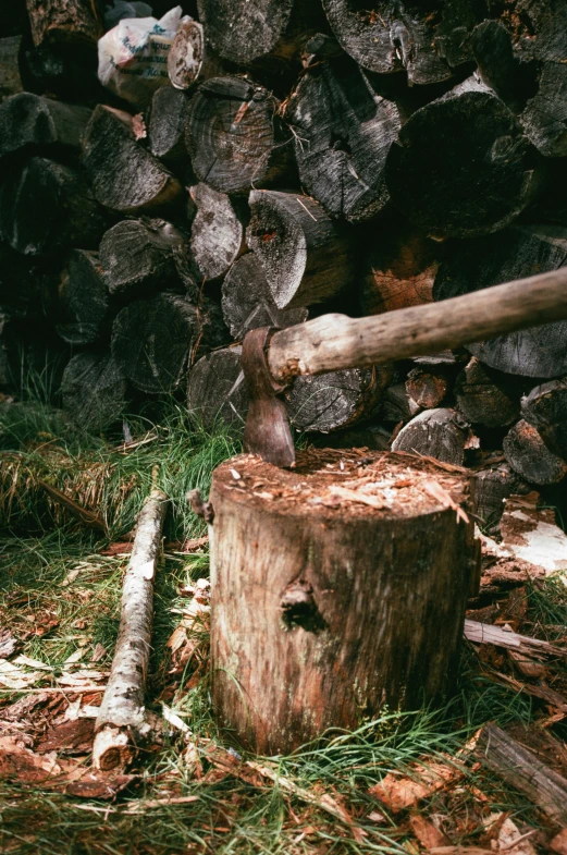 a person chopping wood with an ax ax ax ax ax ax ax ax ax ax ax ax ax ax ax ax ax ax ax ax ax, by Jesper Knudsen, pexels contest winner, 3 5 mm photo, tree stump, with detailed wood, rustic setting