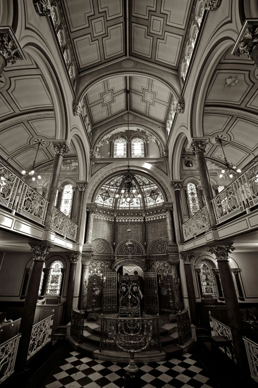 a black and white photo of a church, inspired by Sydney Prior Hall, baroque, mosque synagogue interior, panoramic, victoriana, 2006 photograph