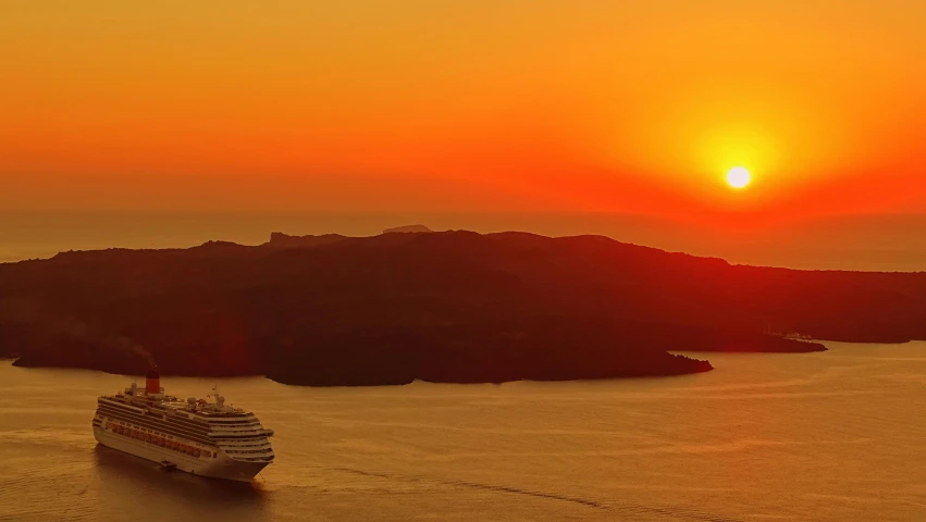 a cruise ship sailing in the ocean at sunset, pexels contest winner, romanticism, santorini, panoramic, fan favorite, ships