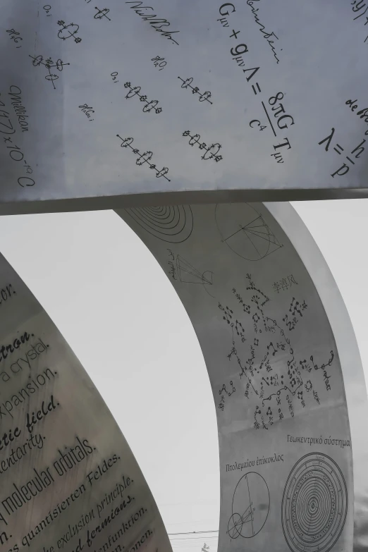 a close up of a metal sculpture with writing on it, formulas, arcs, ilustration, stainless steel