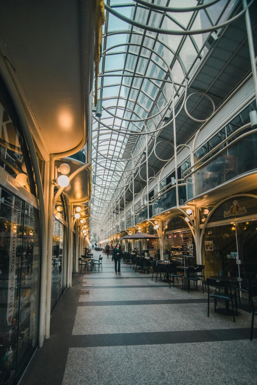 the inside of a building with a lot of windows, a photo, unsplash contest winner, art nouveau, food court in a mall, an alley in paris in winter, crystal palace, wellington