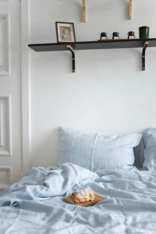 a bed room with a neatly made bed, a portrait, inspired by Wilhelm Hammershøi, unsplash, black gold light blue, shelf, flax, with a white background