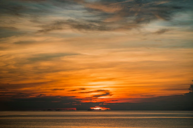 a large body of water with a sunset in the background, by Jan Tengnagel, pexels contest winner, teal and orange colors, seaview, plain background, red and orange colored