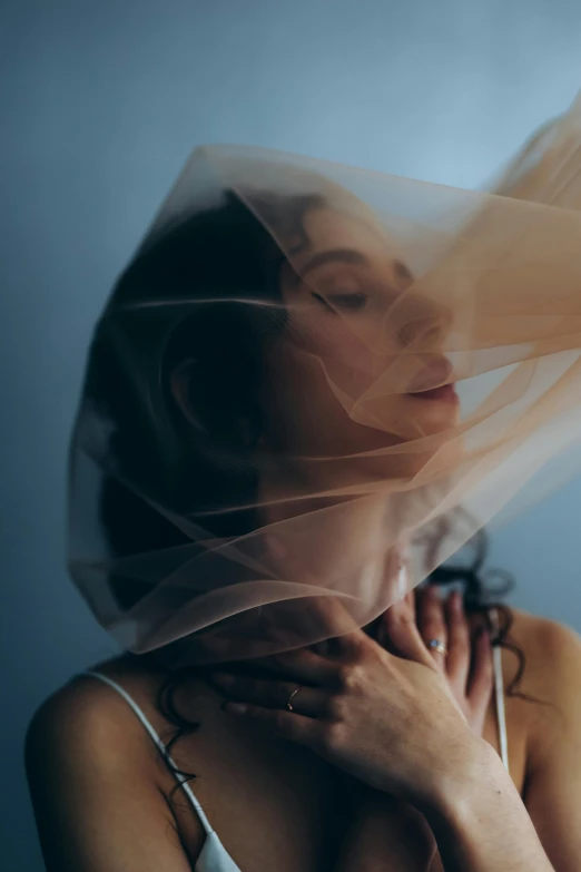 a woman with a veil over her head, an album cover, unsplash contest winner, light and space, soft portrait shot 8 k, soft translucent fabric folds, ignant, jen atkin