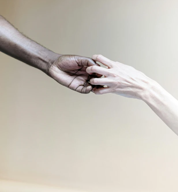 a close up of a person holding a person's hand, gradient brown to white, black man, jovana rikalo, the creation of adam