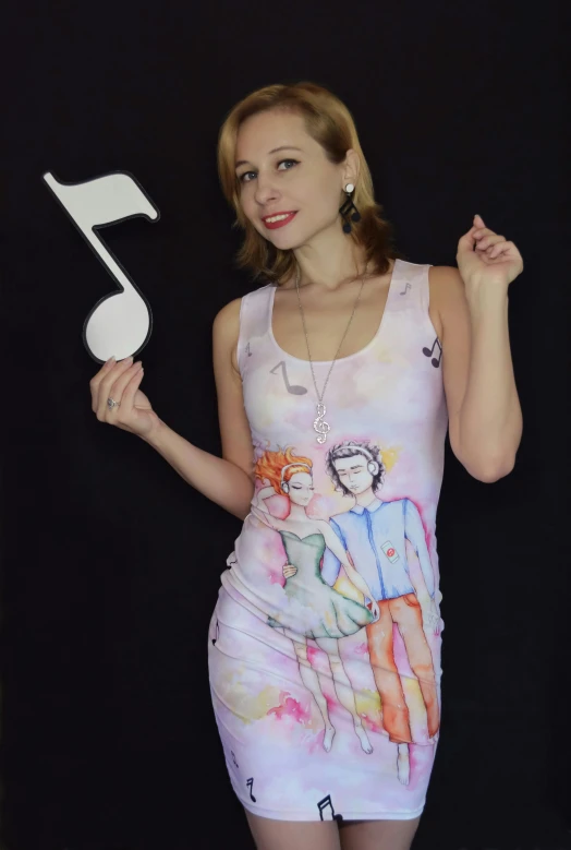 a woman in a short dress holding a musical note, inspired by Julia Pishtar, featured on reddit, wearing : tanktop, hisoka, wearing a nightgown, ((portrait))