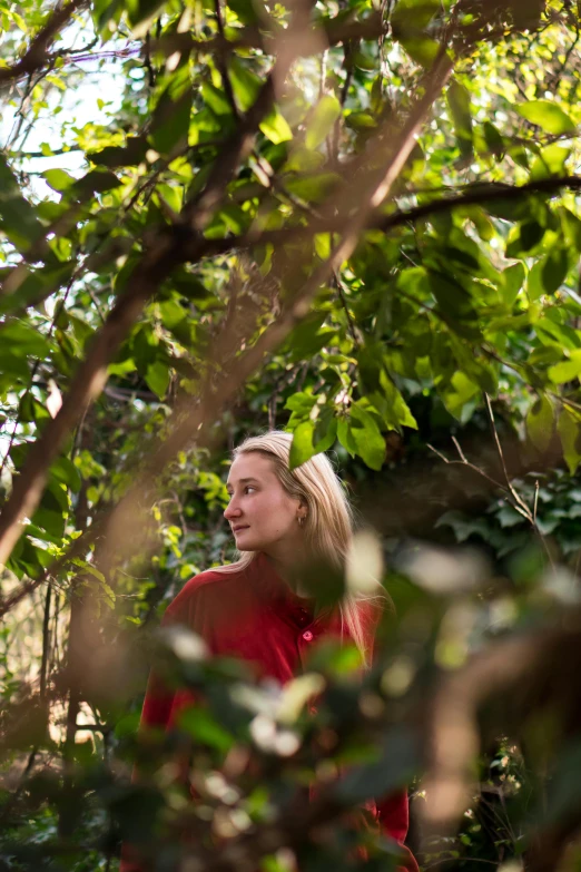 a woman standing in the middle of a forest, a portrait, by Simon Marmion, vine covered, profile image, in garden, liz truss