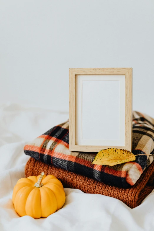 a picture frame sitting on top of a pile of blankets, pumpkins, modern casual clothing, stockphoto, square