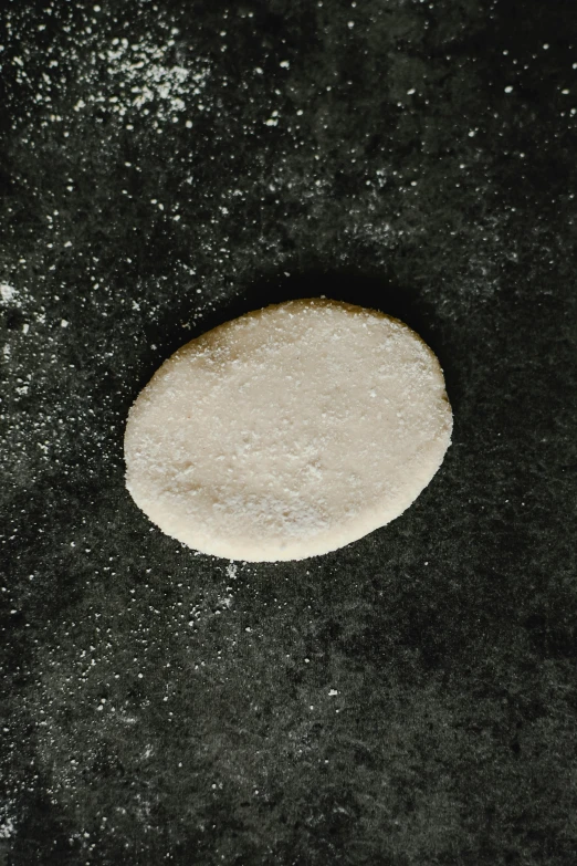 a piece of bread sitting on top of a black surface, flat pancake head, covered in white flour, 2 0 mm, round narrow chin