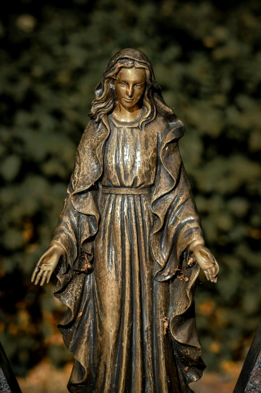 a statue of a woman standing on a fence, mary in a sanctuary, made in bronze, night setting, grotto