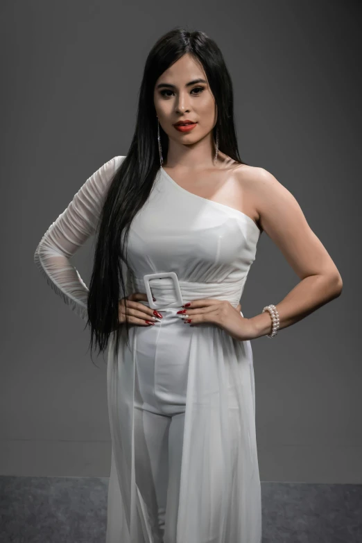 a woman in a white dress posing for a picture, with long black hair, promo image, sleek!!!, uploaded