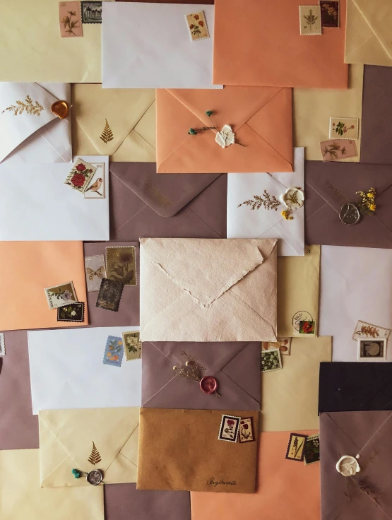 a wall covered with lots of different colored envelopes, inspired by Wes Anderson, trending on unsplash, letterism, pressed flowers, muted brown, made of silk paper, high angle close up shot