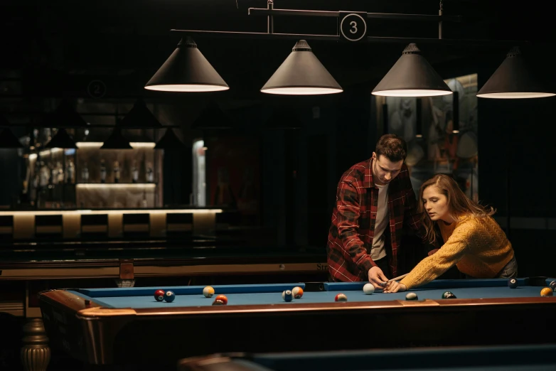 a man and a woman playing a game of pool, unsplash contest winner, interactive art, 15081959 21121991 01012000 4k, taverns nighttime lifestyle, teenager hangout spot, thumbnail