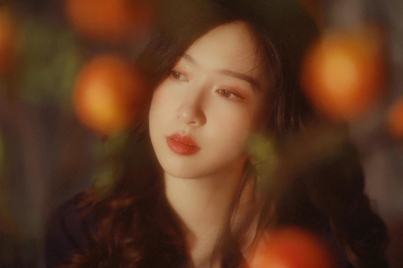 a woman standing in front of a bunch of oranges, inspired by Yanjun Cheng, trending on pexels, realism, jimin\'s plump lips, soft lighting 8k, red velvet, (night)