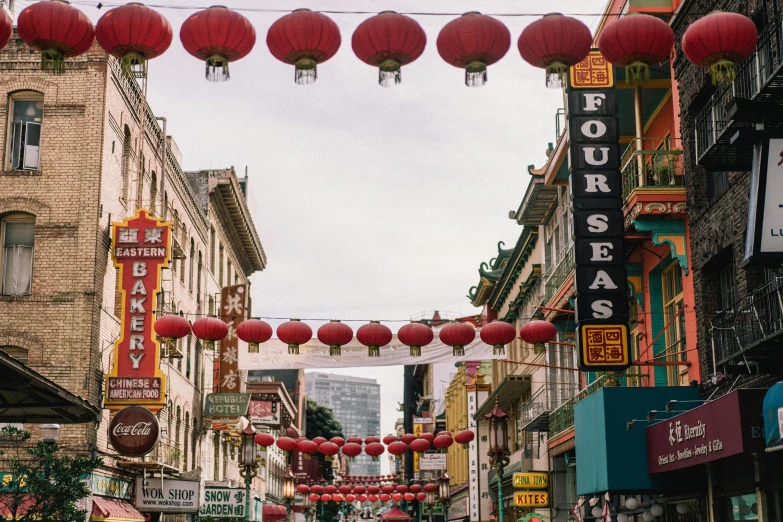 a group of people walking down a street next to tall buildings, inspired by Ai Weiwei, trending on unsplash, art nouveau, chinese lanterns, sf, food stalls, 2 0 0 0's photo