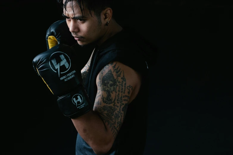 a man wearing a pair of boxing gloves, by Robbie Trevino, hurufiyya, avatar image, manuka, full product shot, ripped