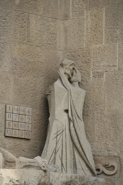 a statue that is on the side of a building, by Gaudi, cubism, wizard reading a directory, head bowed slightly, ( golden ratio ) details, cloaked woman