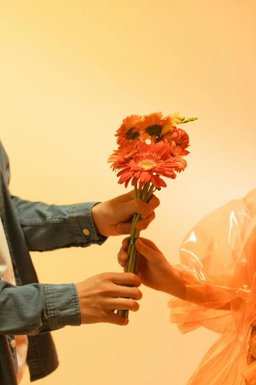 a man giving a woman a bouquet of flowers, an album cover, by Niko Henrichon, shutterstock contest winner, colors orange, hazy, commercially ready, catalog photo