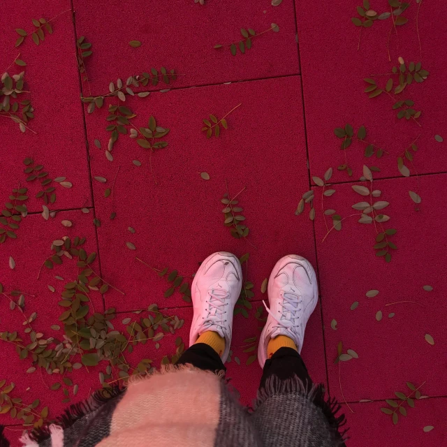 a person standing on a red tiled floor, a picture, pexels contest winner, antipodeans, pink grass, wearing white sneakers, red leaves on the ground, yellow carpeted