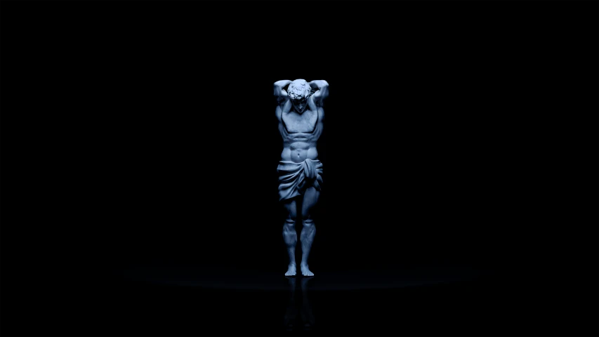 a statue of a man standing in the dark, inspired by Yue Minjun, featured on zbrush central, mannerism, blue realistic 3 d render, simplistic, myth of narcissus, carved from sapphire stone