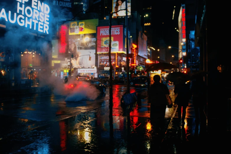 a group of people walking down a street at night, unsplash contest winner, visual art, post-apocalyptic times square, rainy; 90's photograph, neon advertisements, downpour