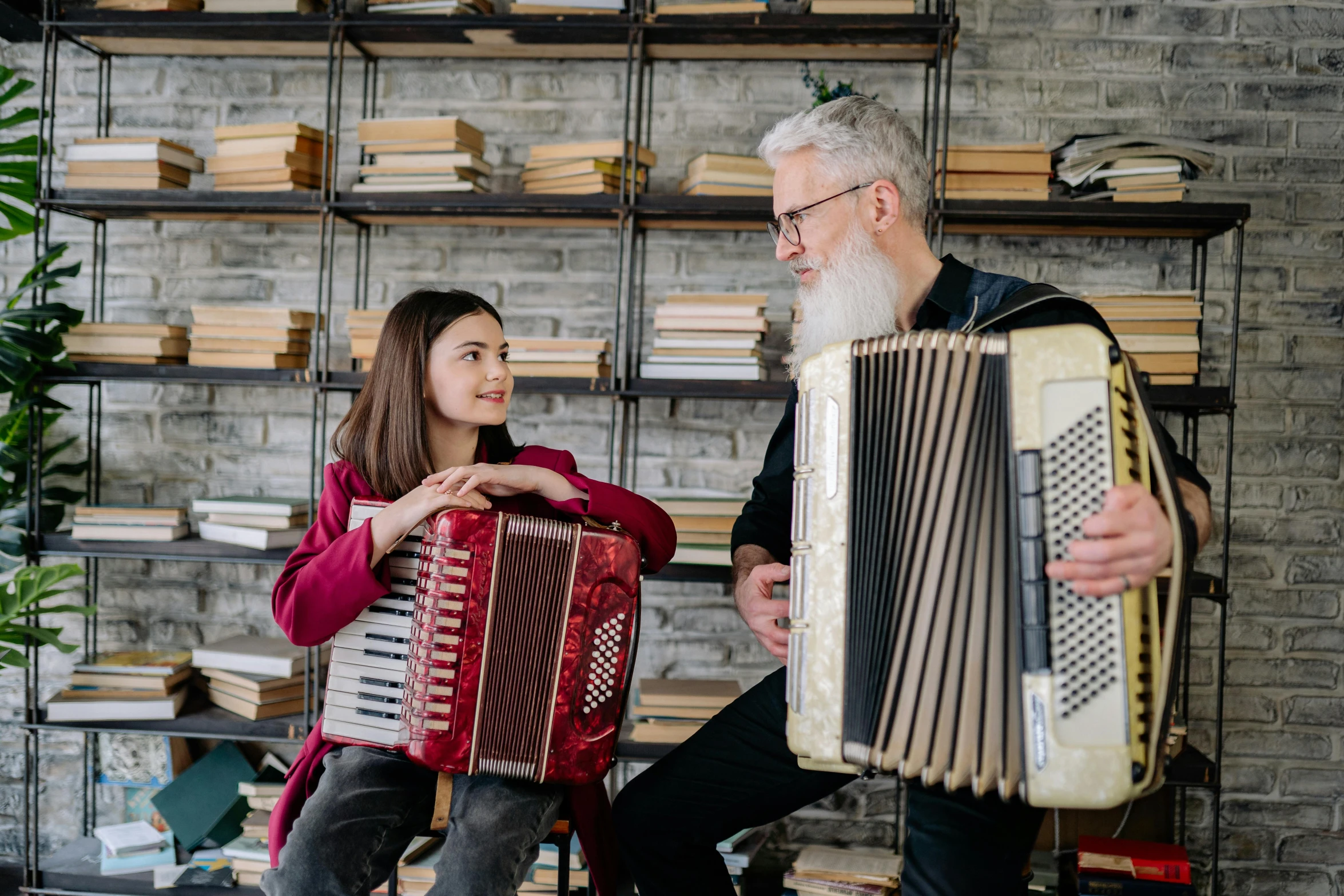 a man playing an accordion next to a little girl, pexels contest winner, renaissance, old gigachad with grey beard, avatar image, australian, stacked image