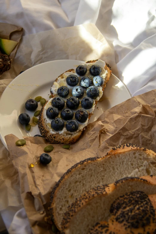 a white plate topped with bread and blueberries, offering a plate of food, daytime, food, snacks