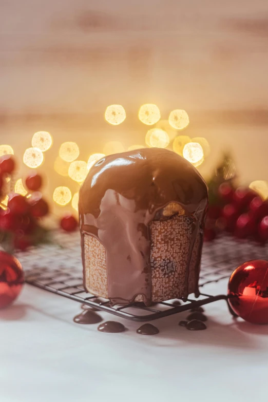 a loaf of chocolate cake sitting on top of a cooling rack, a still life, shutterstock contest winner, renaissance, christmas night, bokeh + dof + 8k, grey, instagram picture