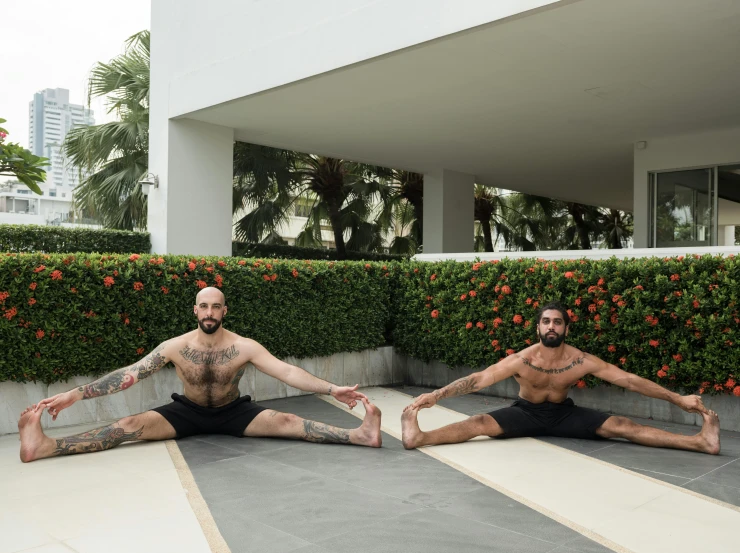 a couple of men sitting on top of a yoga mat, freddy mamani silvestre facade, palm body, serpentine pose, promo image