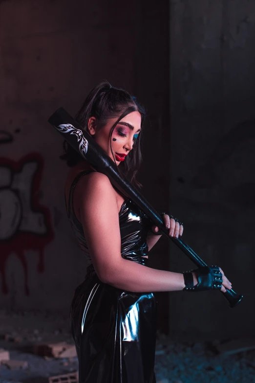 a woman in a black dress holding a baseball bat, an album cover, unsplash, graffiti, glamourous cosplay, unreal engine : : rave makeup, ariana grande as a sith, wearing atsuko kudo latex outfit