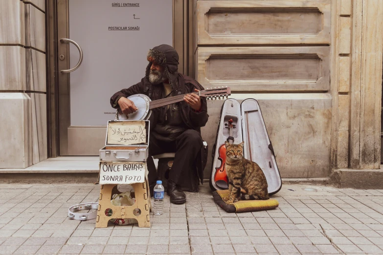 a man sitting on the sidewalk with a guitar and a cat, by Julia Pishtar, pexels contest winner, hyperrealism, fortune teller, band playing instruments, an abandoned old, with an intricate