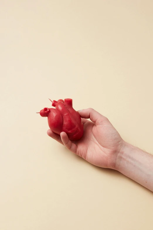 a person holding a red heart in their hand, inspired by Sarah Lucas, silicone skin, candle, hero shot, detailed product image