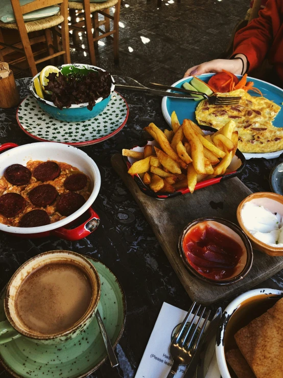 a table topped with plates of food and cups of coffee, happening, humus, 🦩🪐🐞👩🏻🦳, thumbnail, breakfast