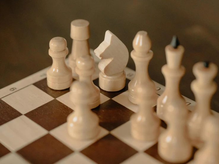 a chess board with chess pieces on it, by Emma Andijewska, unsplash contest winner, on a wooden plate, looking across the shoulder, white finish, attacking