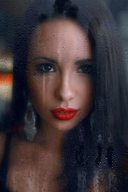 a woman with long black hair and red lipstick, a picture, inspired by Elsa Bleda, pexels contest winner, romanticism, window ( rain ), pouty look :: octane render, square, portrait of demi rose
