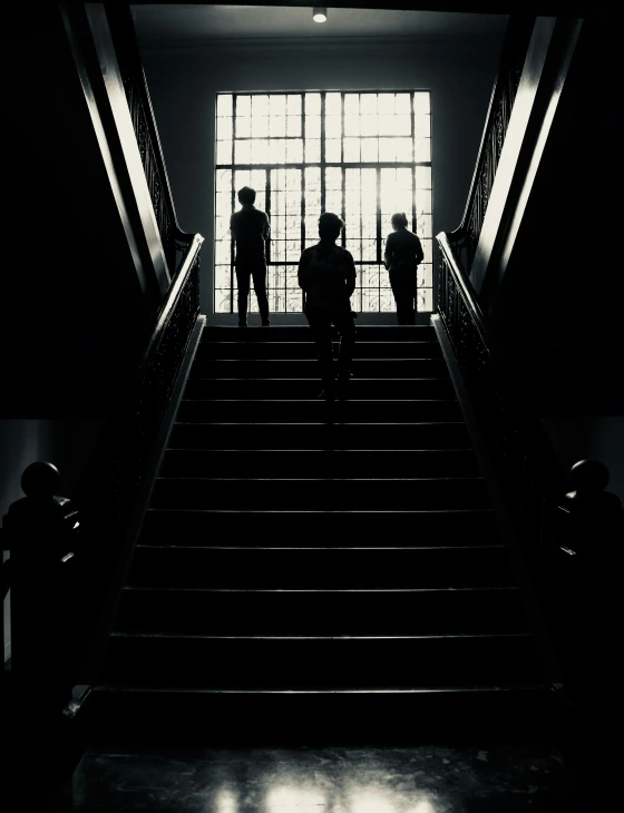 a couple of people that are standing on some stairs, inspired by Carrie Mae Weems, pexels contest winner, dark library, sad men, ( ( theatrical ) ), wide grand staircase