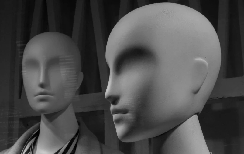 a couple of mannequin heads sitting next to each other, by Jan Rustem, pixabay, surrealism, black and white television still, zoom in on face, featured face details, thin face structure