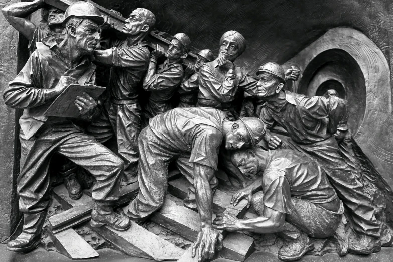 a black and white photo of a group of soldiers, a statue, pixabay, socialist realism, mining, dissection relief, cranberry statue, super detailed detail