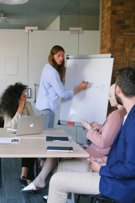 a group of people sitting around a table with laptops, by Nina Hamnett, pexels contest winner, whiteboard, giving a speech, vertical orientation, in the office