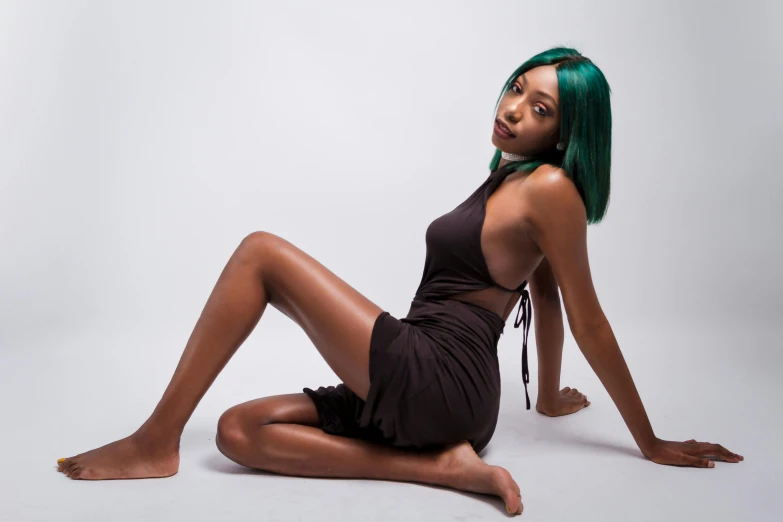 a woman with green hair sitting on the floor, trending on pexels, black body, pose reference, brown skin, sexy pose