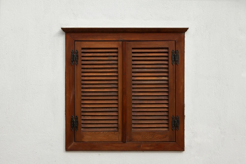a window with wooden shutters on a white wall, unsplash, folk art, early 2 0 th century, tropical wood, brown:-2, square