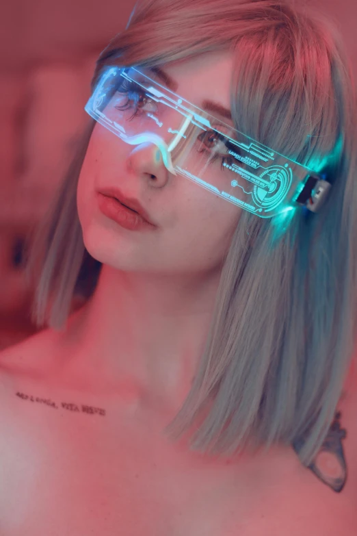 a woman with glowing glasses on her face, inspired by Leng Mei, holography, y 2 k cybercore, with square glasses, mikudayo, e-girl