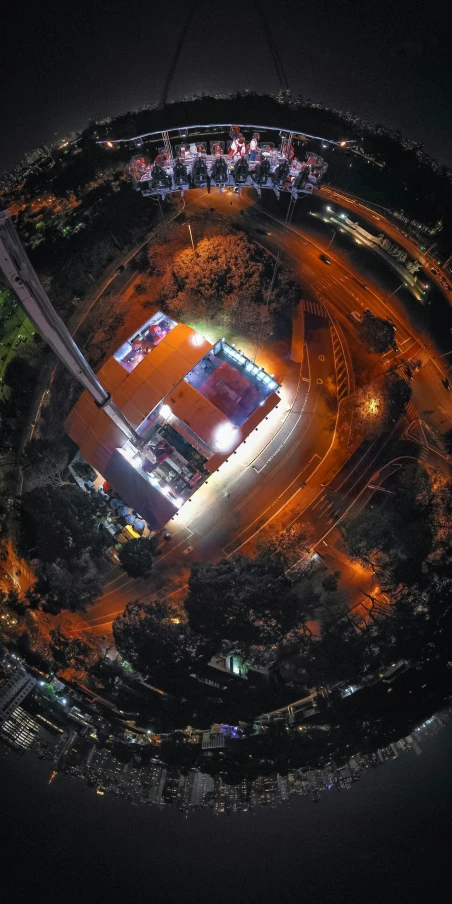 an aerial view of a baseball stadium at night, by Josh Bayer, pexels contest winner, sitting in a crane, 3 6 0 picture, gas station in space, shot on gopro9