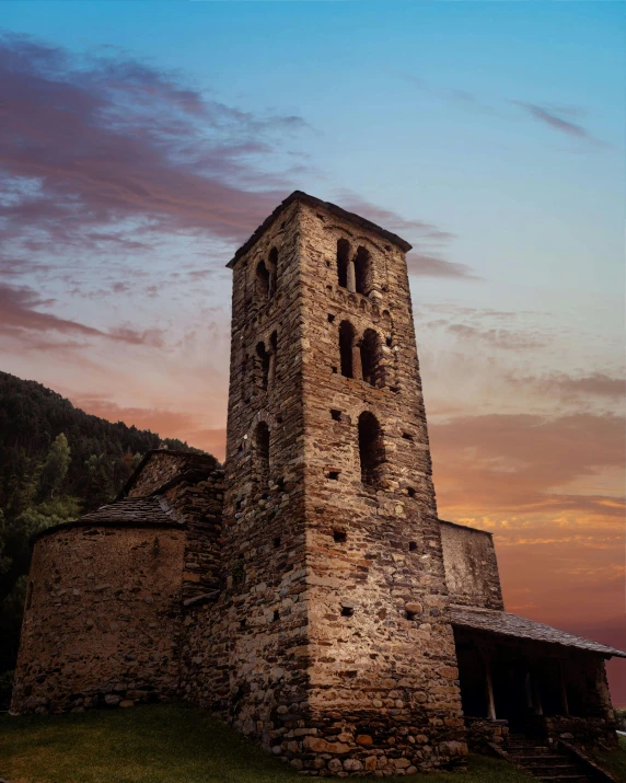a tall tower sitting on top of a lush green field, inspired by Peter Zumthor, pexels contest winner, romanesque, night setting, brown, uttarakhand, thumbnail
