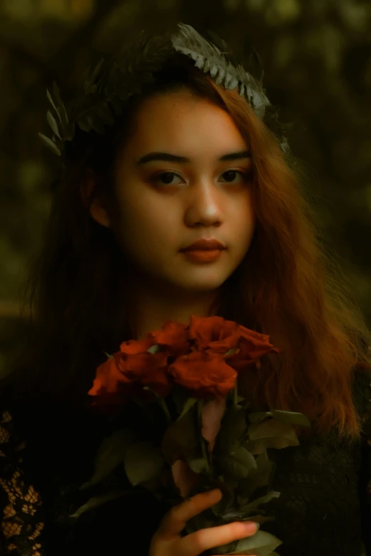 a woman in a black dress holding a red rose, a character portrait, inspired by Elsa Bleda, pexels contest winner, pre-raphaelitism, young asian girl, forest dryad, 🤤 girl portrait, color photograph portrait 4k