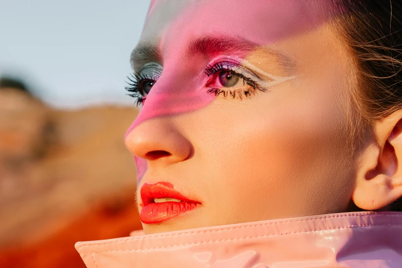 a close up of a person with pink makeup, an album cover, inspired by Hedi Xandt, trending on pexels, sun flare, dune, portrait of katy perry, futuristic