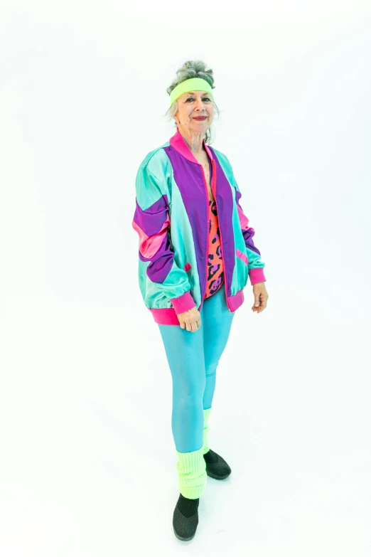 a woman standing in front of a white background, inspired by Bernd Fasching, 8 0 s sport clothing, bright yet cool colors, she wears a jacket, joep hommerson