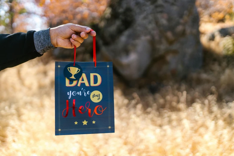 a person holding a bag that says dad you're here, poster art, pexels contest winner, hero prop, red blue and gold color scheme, paper cutout, strong bokeh